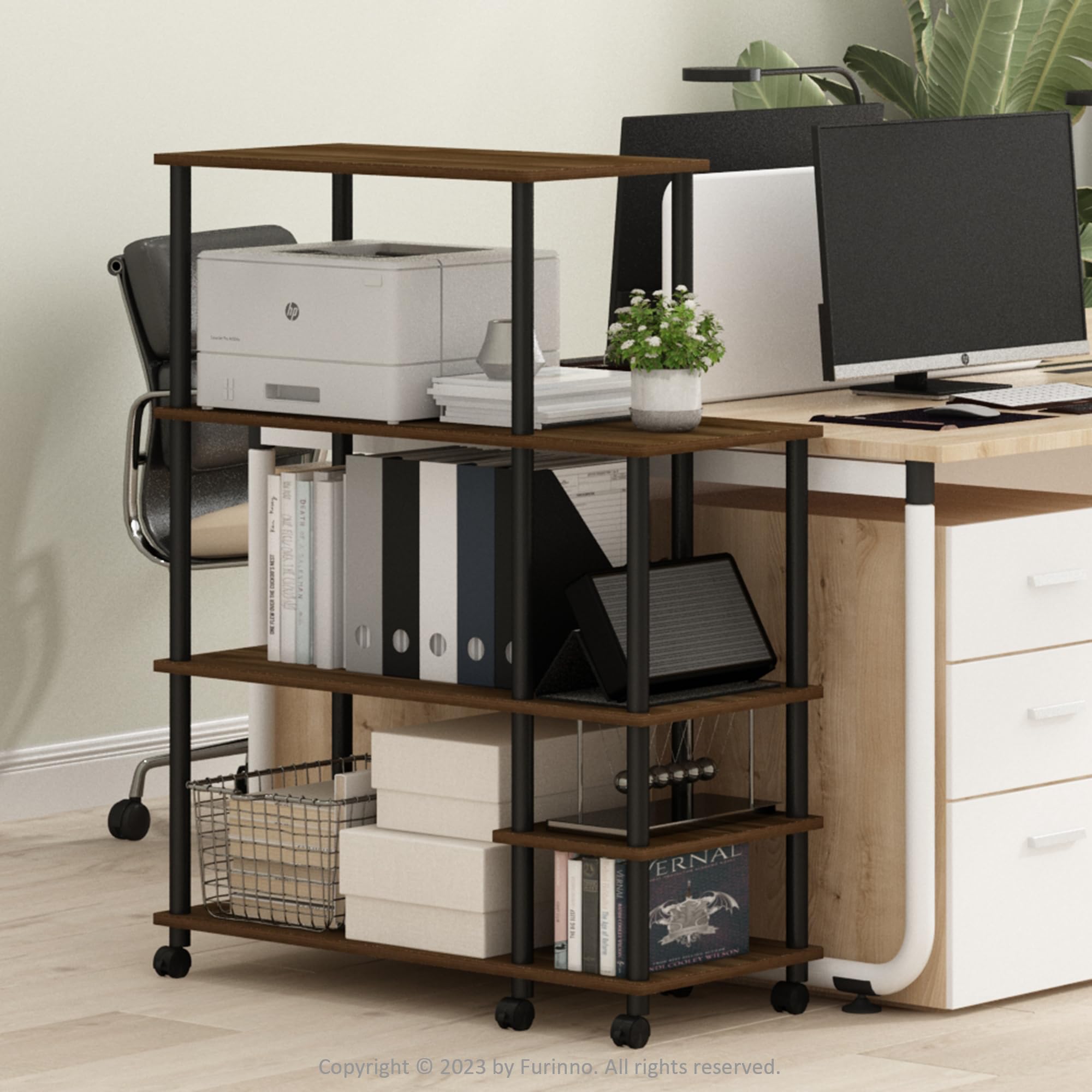 Furinno Turn-N-Tube 4-Tier Wide Toolless Multipurpose Printer Stand Display Storage Shelf With Wheels, Columbia Walnut/Black